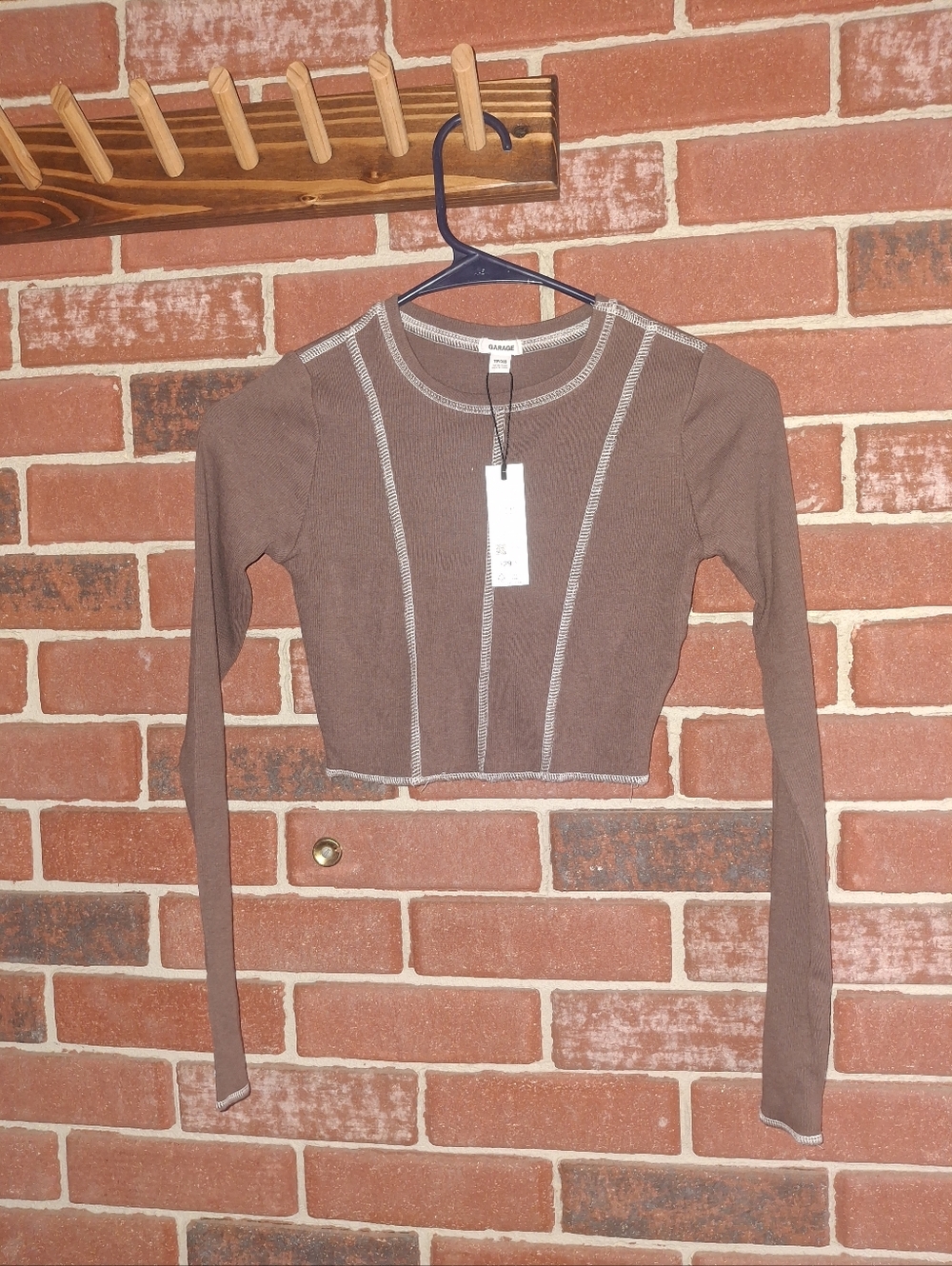 Garage Brown Long-Sleeve Ribbed Crop Top